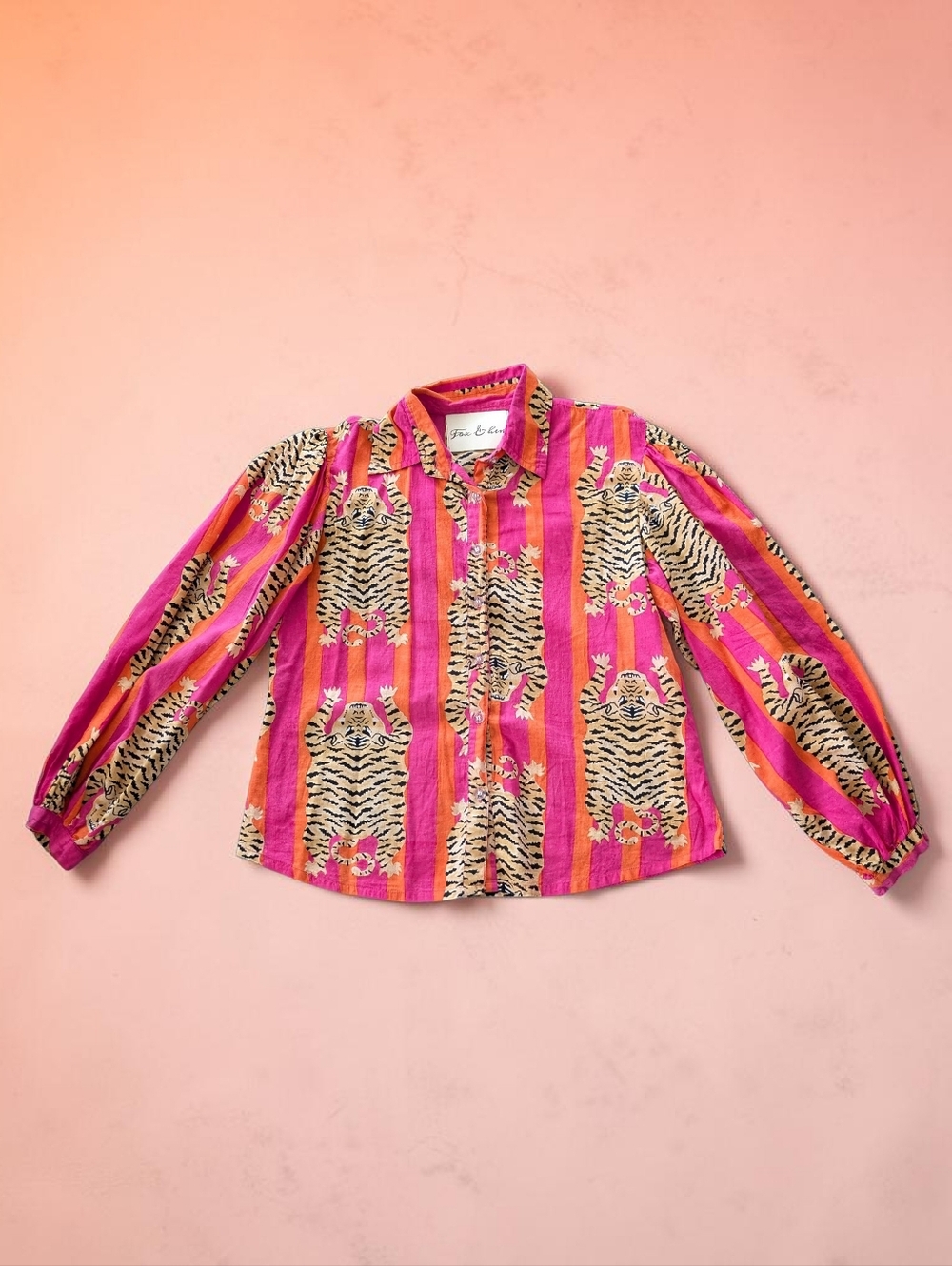FOX & HEN Tiger Striped Orange &‎ Pink Top Balloon Sleeve Button Up Shirt